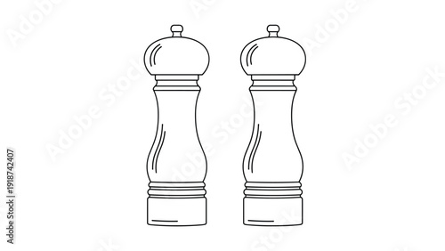 Identical pair of salt and pepper shakers with elegant wooden bodies and small knobs at the top is drawn in outline.