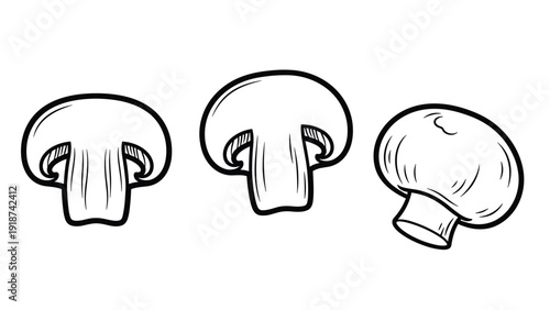 Three white button mushrooms including two halves and one whole fungi are shown in a simple black and white line drawing.