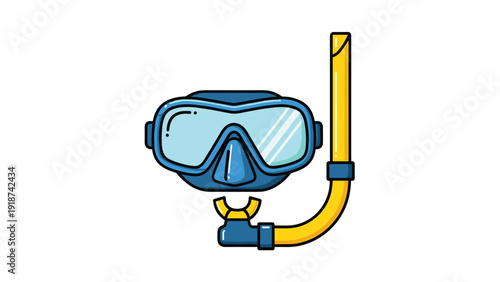 Snorkel and diving mask with blue frames and yellow tube are shown together as a complete underwater swimming set.