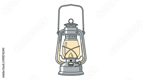 Vintage silver oil lantern with a glass globe and a glowing flame inside is illustrated in a detailed vector style.