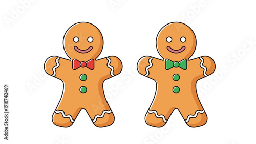 Two cute gingerbread man cookies with red and green bow ties and white icing details are smiling on a white page.