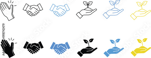 Diverse business icons: clapping hands, handshake agreements, and growing plant sprouts held in hands, in outline and filled styles with blue, yellow, and black colors.