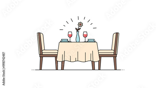 Elegant table for a romantic dinner for two features white chairs, a tablecloth, wine glasses, and a flower vase.