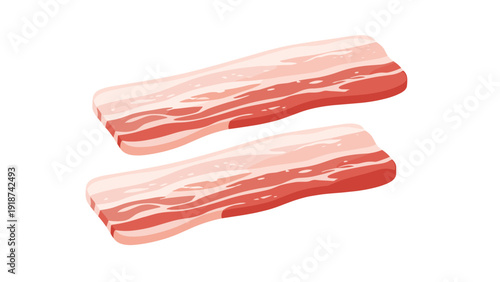 Two long strips of raw bacon with layers of red meat and white fat are shown in a clean flat style illustration.