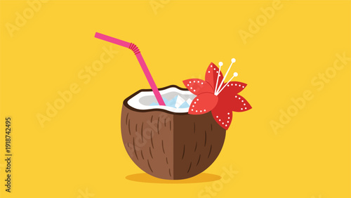 Fresh coconut cocktail drink is served in a half shell with ice cubes, a pink straw, and a bright red flower bud.