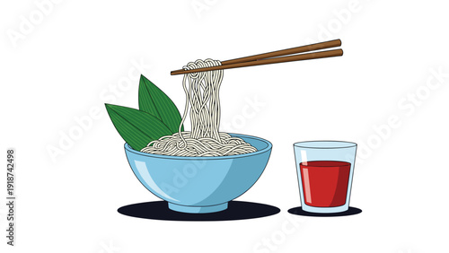 Bowl of traditional noodles being lifted with wooden chopsticks accompanied by a glass of red sauce and green leaves decoration.