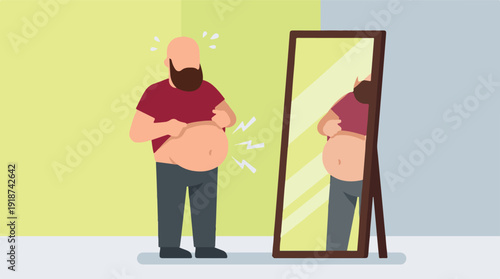 Man concerned about his belly fat while looking in the mirror