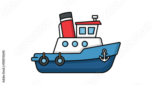 Cartoon illustration of a blue tugboat with a red chimney and an anchor symbol on the hull for maritime or nautical themes.