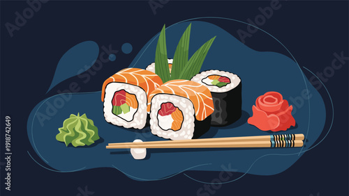 Platter of assorted sushi rolls featuring salmon and tuna served with wasabi, ginger, and chopsticks on a dark blue background.