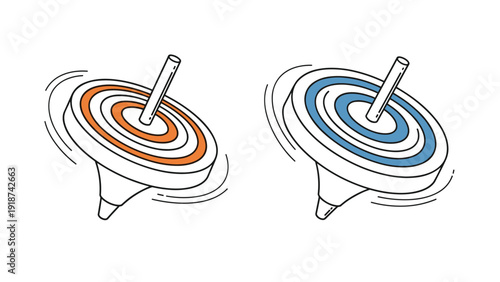 Two traditional Japanese spinning tops in orange and blue colors shown with motion lines suggesting they are spinning rapidly.
