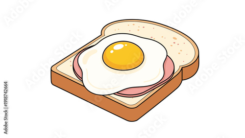 Simple breakfast illustration of a slice of white toast topped with a layer of ham and a perfectly fried sunny-side-up egg.