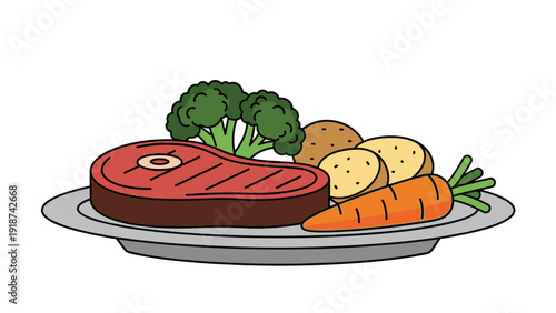 Delicious grilled steak served on a white plate accompanied by fresh steamed broccoli, roasted potatoes, and a whole carrot.