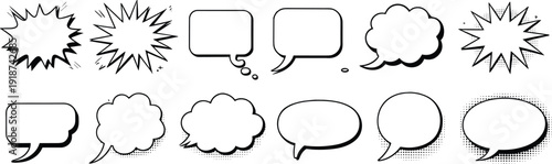 Set of comic speech bubbles and thought clouds with halftone shadows isolated on white background for pop art design elements.