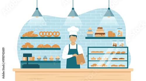 Professional baker in a bakery shop with fresh bread, cakes, and pastries