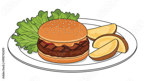 Grilled beef hamburger with lettuce and cheese served on a white ceramic plate along with seasoned potato wedges and savory toppings.