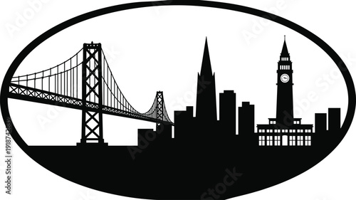 City skyline silhouette with suspension bridge and clock tower, urban landscape vector illustration, architectural landmark scene, panoramic cityscape design isolated background