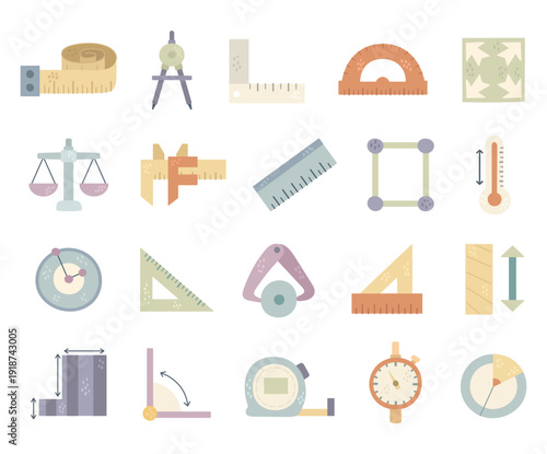 Measurement quantity tools set in scandinavian style showing measuring instruments geometry devices scales gauges charts for education engineering science drafting