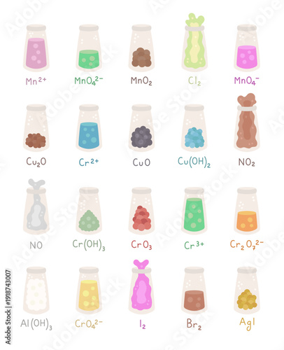 Chemical reaction set in scandinavian style featuring laboratory chemistry formulas ions oxides hydroxides molecules compounds precipitate education science test tube