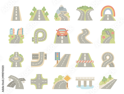 Road infrastructure set in scandinavian style showing highways intersections bridges curves traffic symbols showcasing transport paths travel guidance sign map
