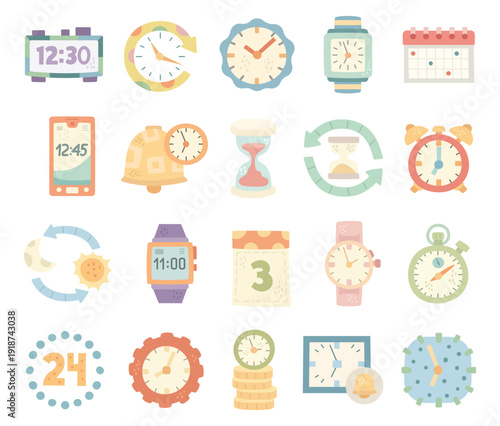 Time set in scandinavian style showing clock watch calendar hourglass stopwatch cycles schedules daily measurement tools objects alarm date