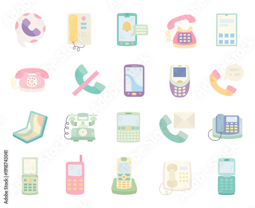 Phone communication device set in scandinavian style showing mobile desk cordless rotary button screen keypad voicemail call technology for your projects