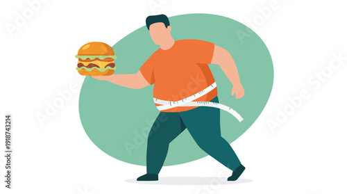 Overweight man holding hamburger with measuring tape around his waist