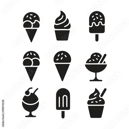 Assortment of ice cream icons in cones, cups, and popsicle shapes for sweet treats