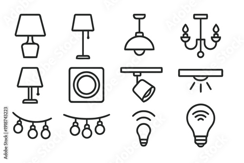 Assortment of lighting fixtures icons including lamps chandeliers and smart bulbs for interior design
