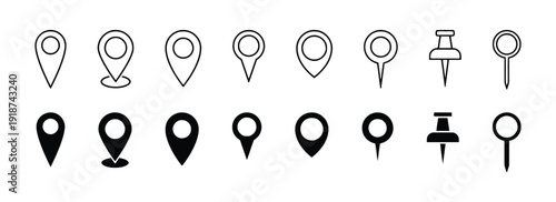 Assortment of location pin and pushpin icons for maps and navigation