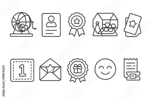 Assortment of lottery and winning icons, including raffle drum and tickets