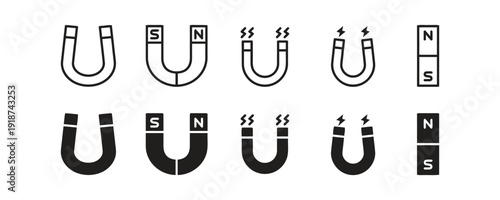 Assortment of magnet icons, horseshoe and bar shapes, with polarity labels