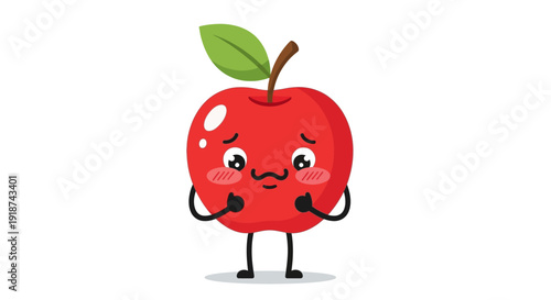 Sad Red Apple Character with Blush and Drooping Eyes, Feeling Shy or Embarrassed