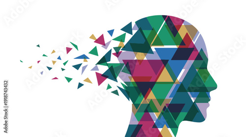 Abstract human head profile with colorful disintegrating triangles