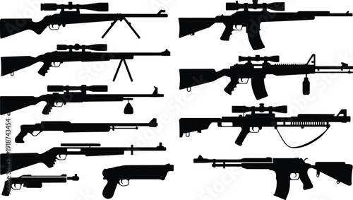 Collection of rifle silhouettes isolated on white background, various sniper and assault weapon outlines for tactical military illustration design concept set graphic