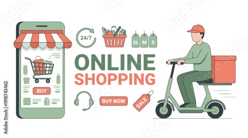 E-commerce online shopping concept with delivery service via mobile app.