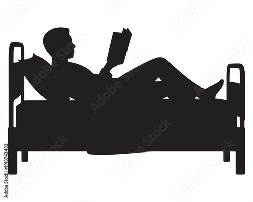 Person relaxing in bed reading a book with legs elevated silhouette design