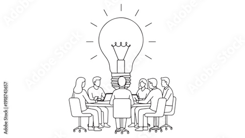 Group Ideation Under Lightbulb Illustration for Innovation Workshops, Creative Strategy Sessions and Product Development Vector Artwork