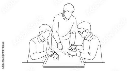 Cross-Functional Team Strategizing Around Table with Product Mockup for Collaborative Planning, Design Review and Strategic Roadmap Vector Illustration