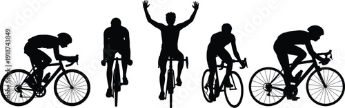 WebCyclist silhouettes set, road bike racing, professional cycling competition, athletes riding bicycles, endurance sport, outdoor fitness, victory celebration illustration collection
