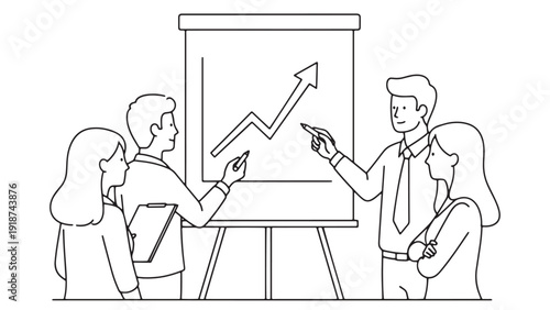Collaborative Flipchart Presentation Showing Upward Growth Arrow for Strategy Workshop, KPI Planning and Training Session Vector Illustration