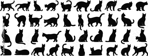 Cat silhouette vector illustration, feline posture, sitting cat, walking cat, stretching cat, lying cat, black outline, animal design, stock artwork