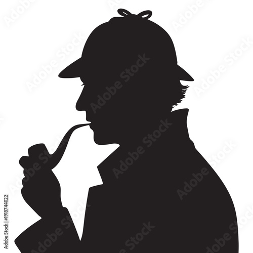 Silhouette of a person in a deerstalker hat holding and smoking a pipe isolated on transparent background