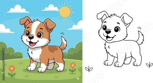 Happy Puppy Wagging Tail in Sunny Field