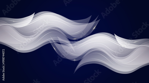 Abstract Smoky Light Waves Background with Flowing White Silk Effect on Dark Blue