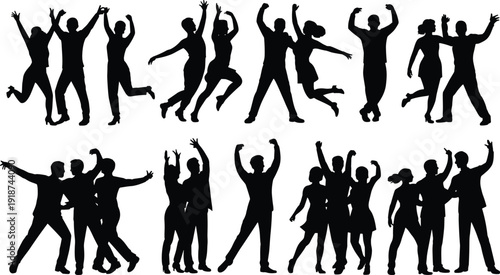 Dancing people silhouette set, party crowd jumping and celebrating together, joyful nightlife group collection, isolated black vector illustration for celebration design