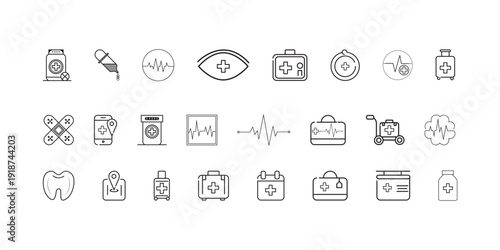 Veterinary clinic icon set in line vector style with modern minimal design showing pet care, animal health, medical services, treatment, doctors, medicine and hospital concepts