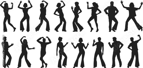 Dancing people silhouettes collection with men and women in disco poses, retro party figures isolated on white background celebration concept