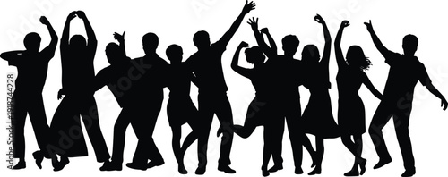 Dancing crowd silhouettes, happy people celebrating, party event, music festival audience, energetic group dance, nightlife entertainment, youth celebration concept illustration
