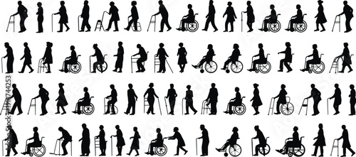 Elderly people silhouette vector illustration, wheelchair, walker, cane, caregiving, aging diversity, mobility aid, senior posture, accessibility, stock artwork
