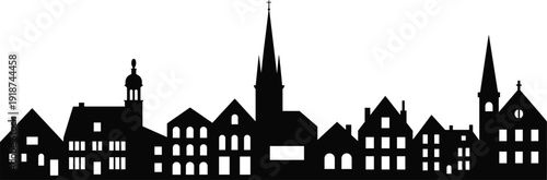 Town skyline silhouette vector illustration, village buildings, church steeple, tower outline, urban design, architectural diversity, quaint townscape, stock art